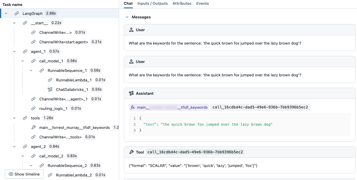 MLflow Saída de rastreamento no Notebook mostrando a seleção de ferramentas.